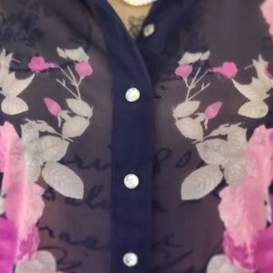 Inc Sheer Navy Floral Button-Front Women's Top
